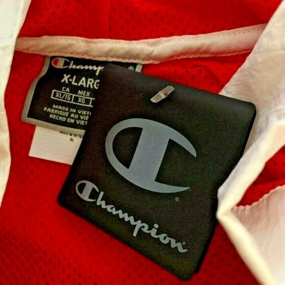 Champion XL Red Logo White Striped Drawcord Hem 3/4 Zip Sleeve Crop Hoodie Top - Picture 5 of 5